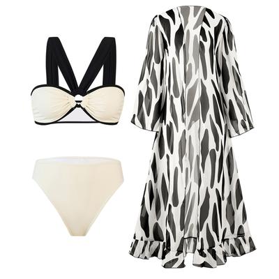 Новый раздельный купальник бикини из трех частей, женский обтягивающий купальник, шифоновая большая блузка