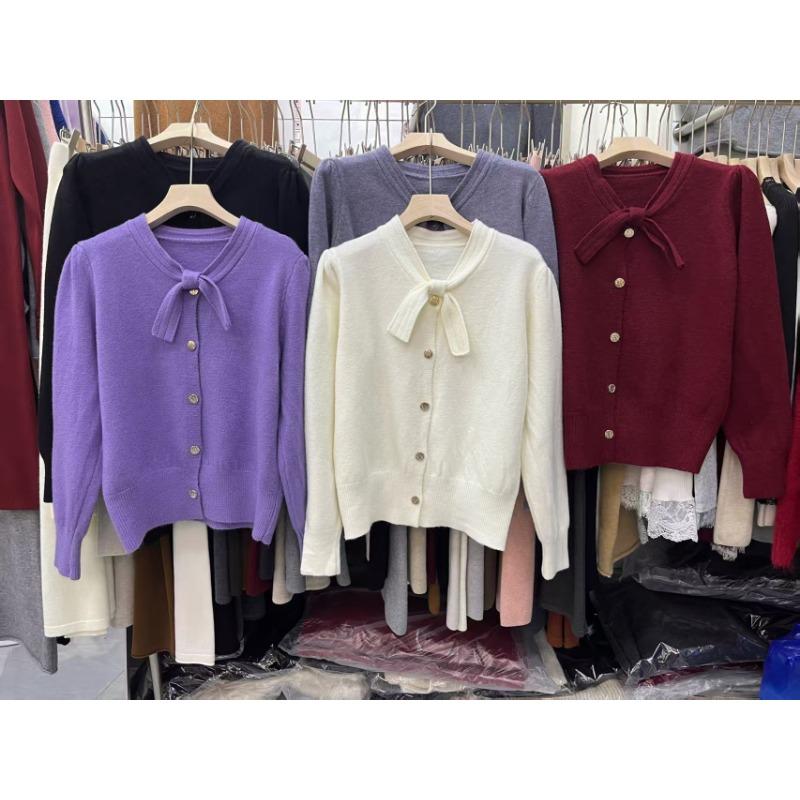 Весенний новый простой и универсальный вязаный кардиган однотонный топ с бантом, с длинным рукавом, куртка-свитер