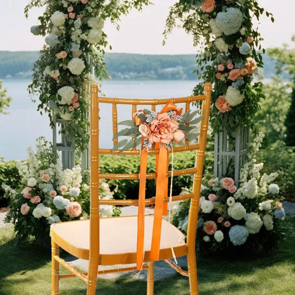 Шелковые цветы на спинке стула Цветы в скандинавском стиле Искусственные цветы Свадебные цветы на скамье Банкетный проход