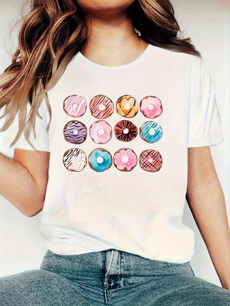 WomenS Casual Summer Breathable Fiber Washable Round Neck PrintedShirt Women Cartoon Donut PatternShirt Aesthetic Clothes