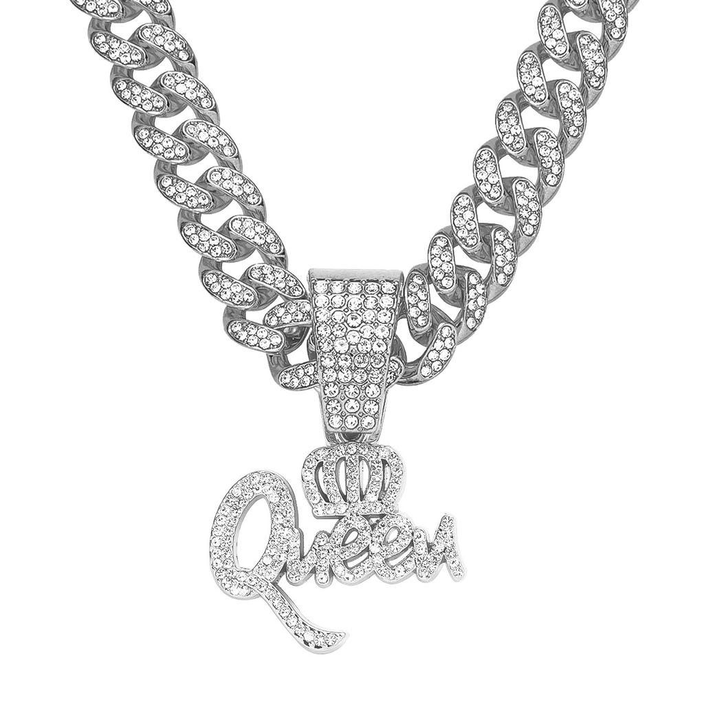 Crown QUEEN Letter Full Diamond Cuban Chain Pendant, Hip Hop Temperament Personality Necklace Jewelry