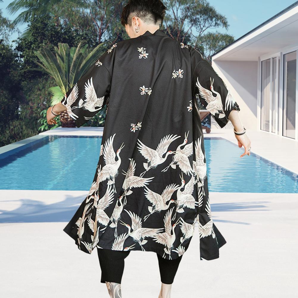 Унисекс Блузка Винтажный Стиль Японский Стиль Рукав 3/4 Удобная Посадка Кардиган С Принтом Птиц Халат С разрезами Подол Активный Путешествия Вечеринки Повседневный W
