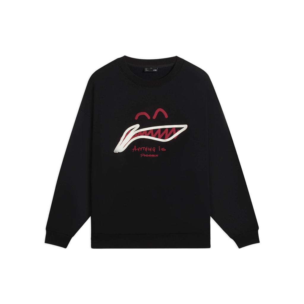 Li Ning Коллекция спортивной моды Логотип Принт Флис с подкладкой Круглый вырез Пуловер С длинным рукавом Толстовка Унисекс Черный AWDSG91-2