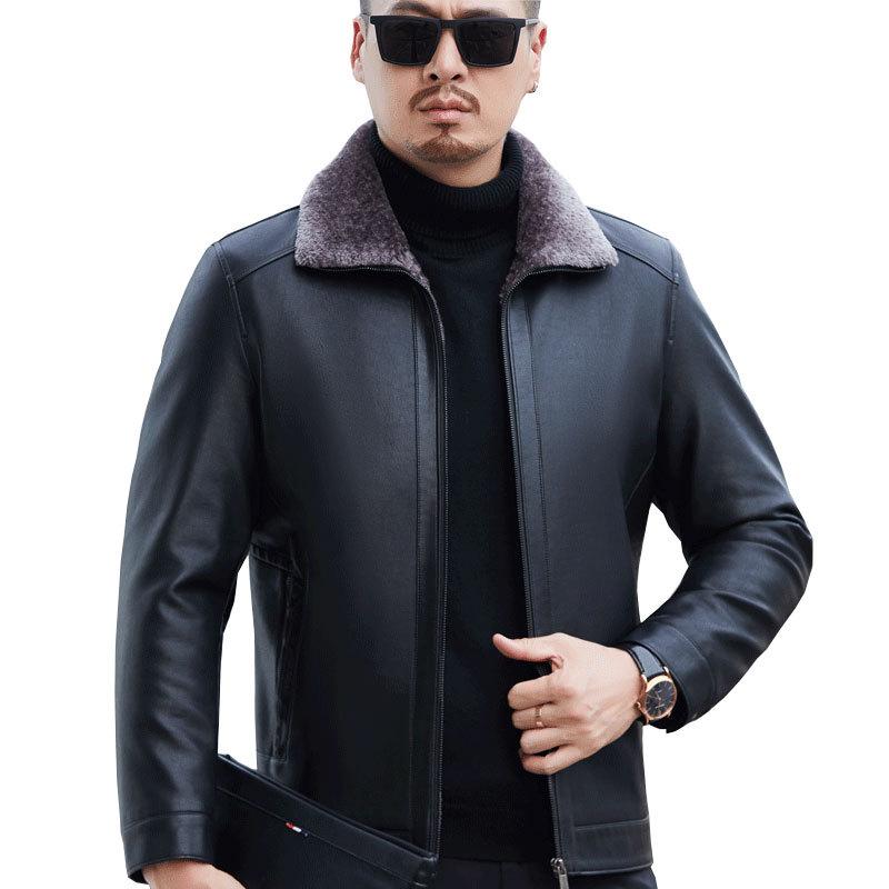 Leather Down Jacket Men's Jacket Short Lapel Fur Integrated Thickened Leather Jacket Casual Trend