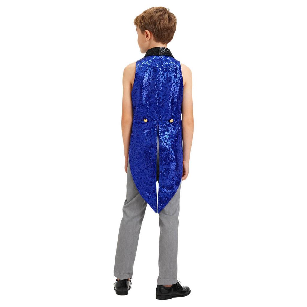 Boys Sparkly Sequins Medieval Vest Front Zip Victorian Waistcoat Circus Tailcoat Halloween Costume