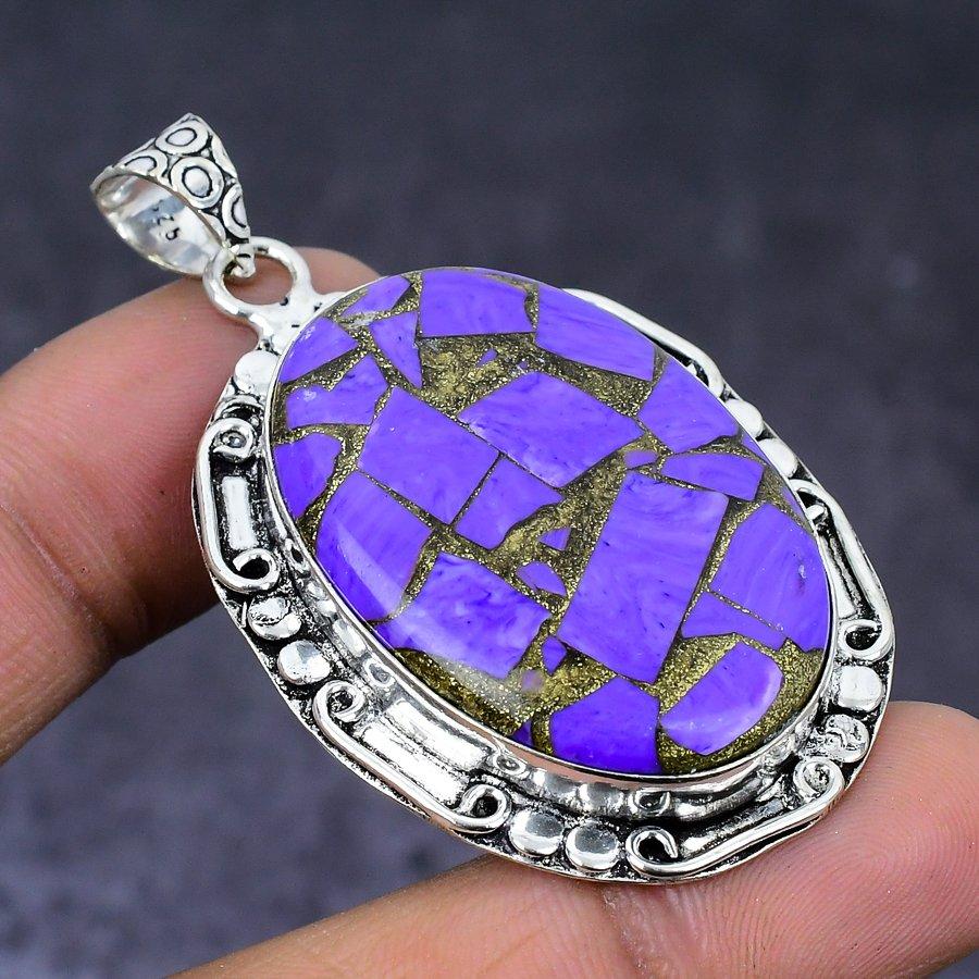 Медь Пурпурный Бирюзовый драгоценный камень 925 Стерлинговое серебро Ювелирная подвеска 2,17"
