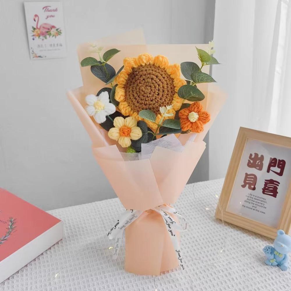 Handmade Hand-woven Sunflower with Bag Knitted Flowers Bouquet Simulation Flower Teachers' Day