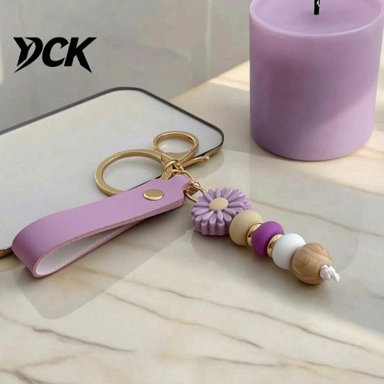 Decorative Handbag Charm Silicone Flower Keychain with Faux Leather Wristlet, Car Key Bead Wristlet Ring Pendant, Backpack Wood Beads Strap