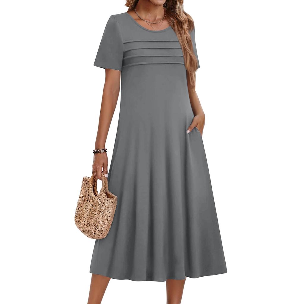 Женское повседневное модное платье с короткими рукавами и круглым вырезом.