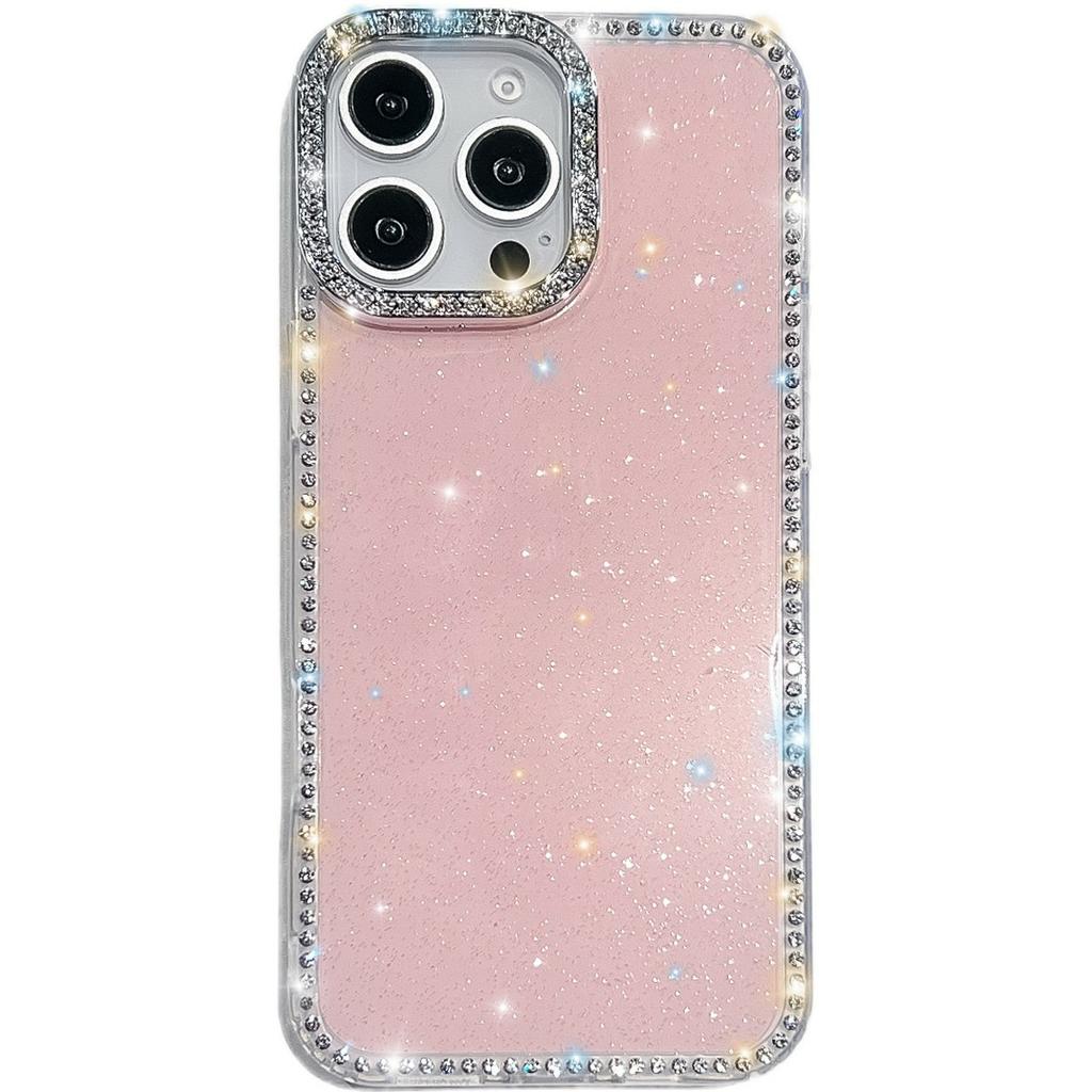 For iPhone 15 Pro Max Case Rhinestone Edge Glitter Back TPU+PC IMD Phone Cover