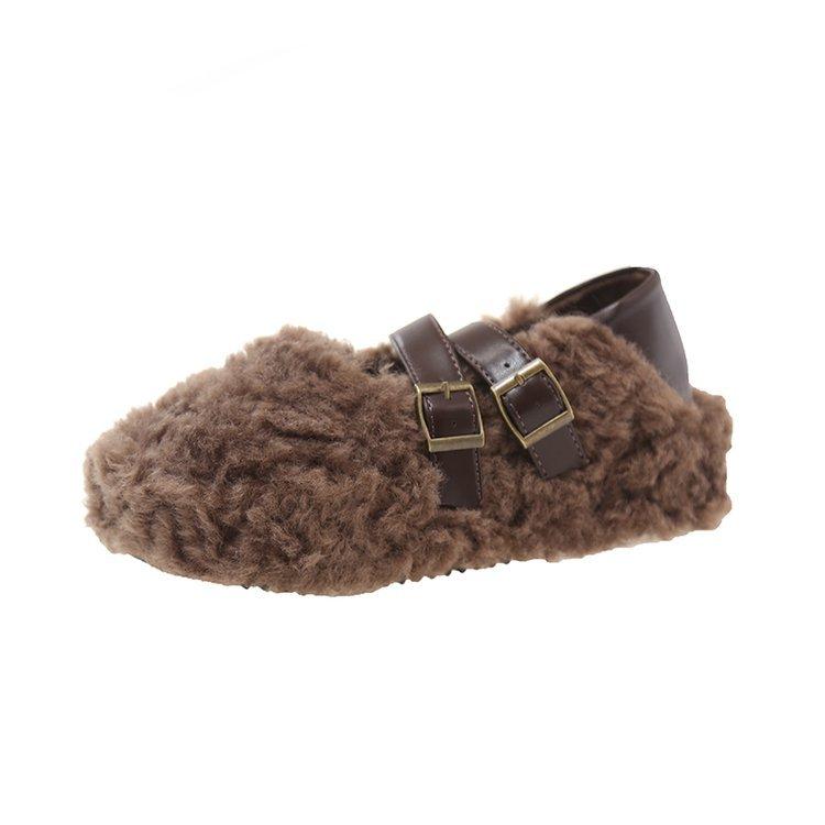 [Lamb wool] women's wool shoes 2025 new winter thick-soled belt buckle, velvet warm one-pedal cotton shoes