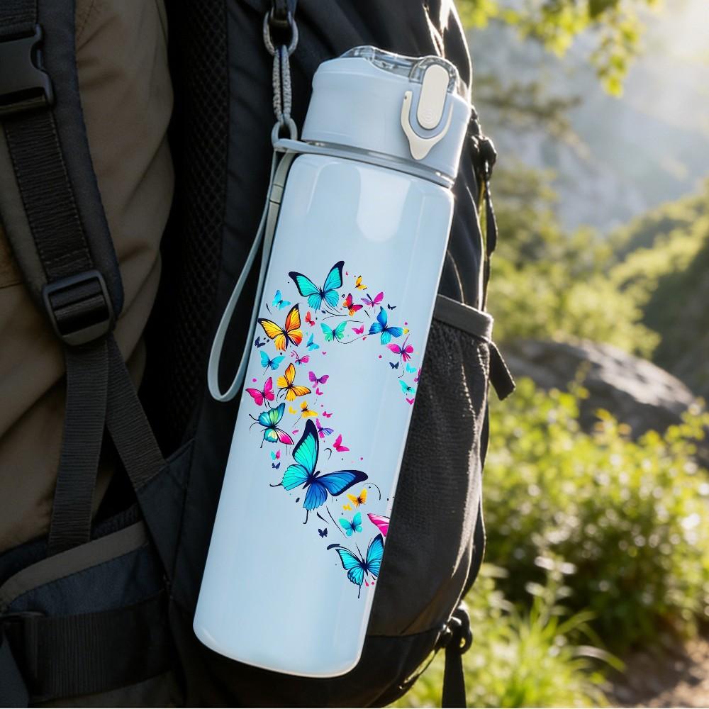 1PC Heart Shaped Floral Art Pattern 750ml Color Plastic Sports Water Bottle Leakproof Flip Straw Lid Suitable for Sports Office Home Use