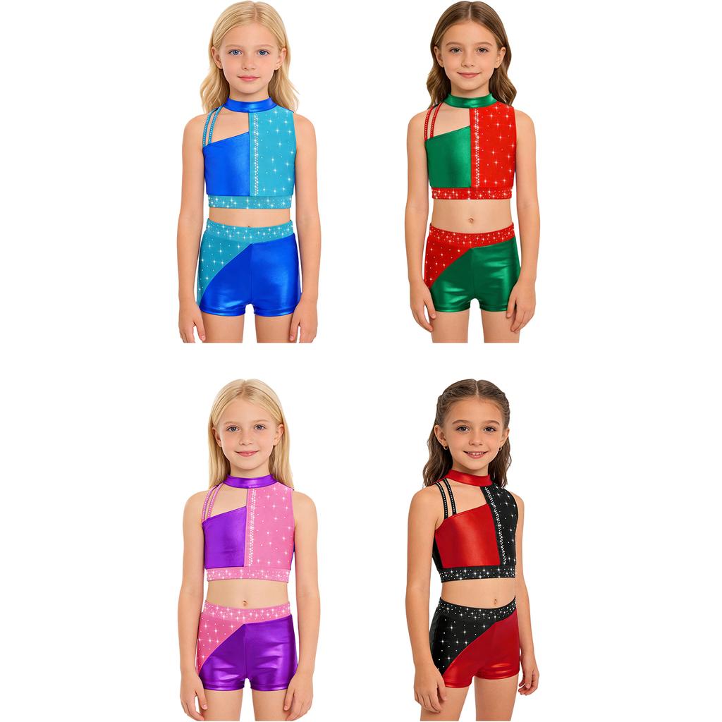 Girls Rhinestones Crop Top Mock Neck Sleeveless Metallic Color Block Shorts Dance Gymnastics Outfit