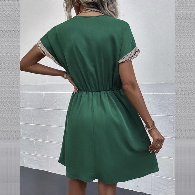 Spring V-Neck Smocked Dress - Lace Trim Short Sleeve Solid