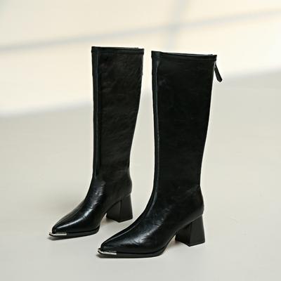 Модные ботфорты с острым носком для женщин 2025 Новые осенне-зимние ретро черные ботфорты до середины бедра на высоком каблуке