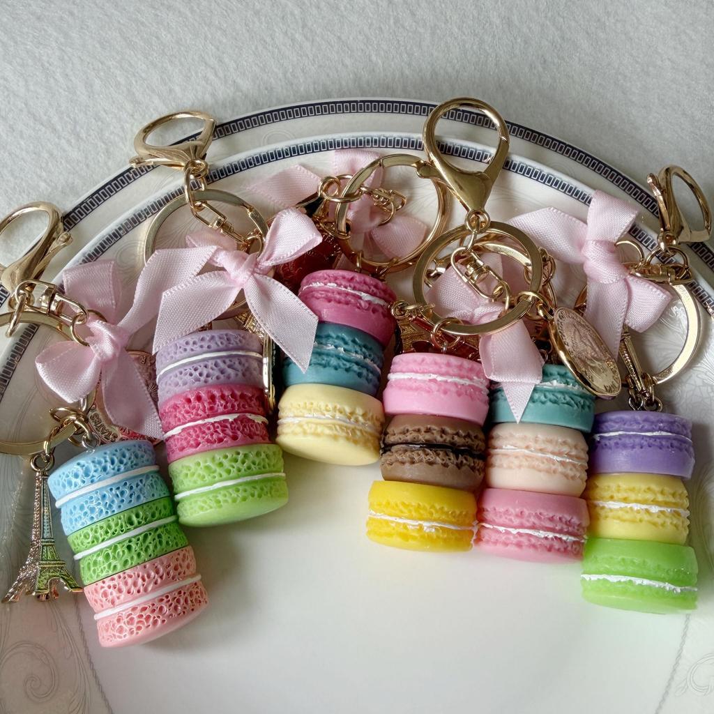 Personalized Butterfly Macaron Cake Keychain with Gold Tag and Book Packaging