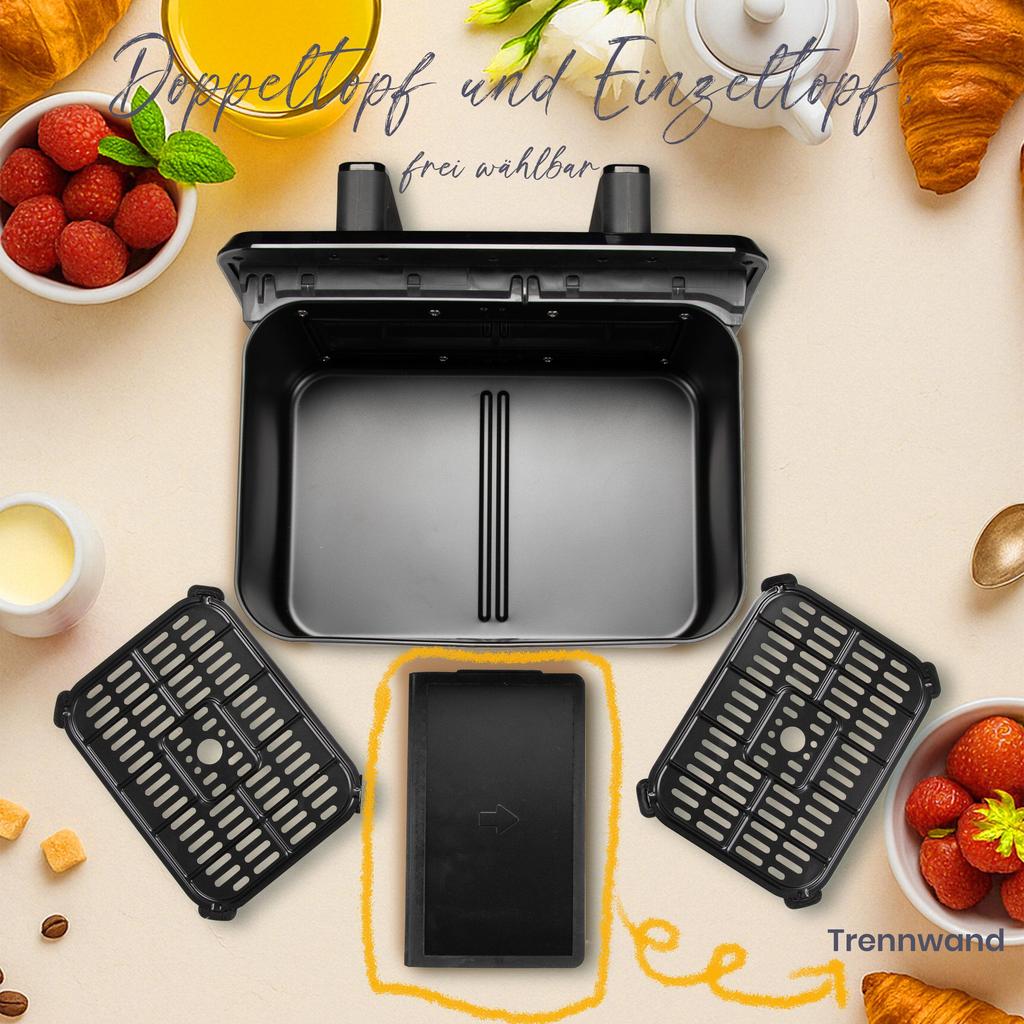 9L Dual Chamber Air Fryer, 2200W Powerful, Viewing Window, Color Led Display, Single and Double Baskets Adjustable