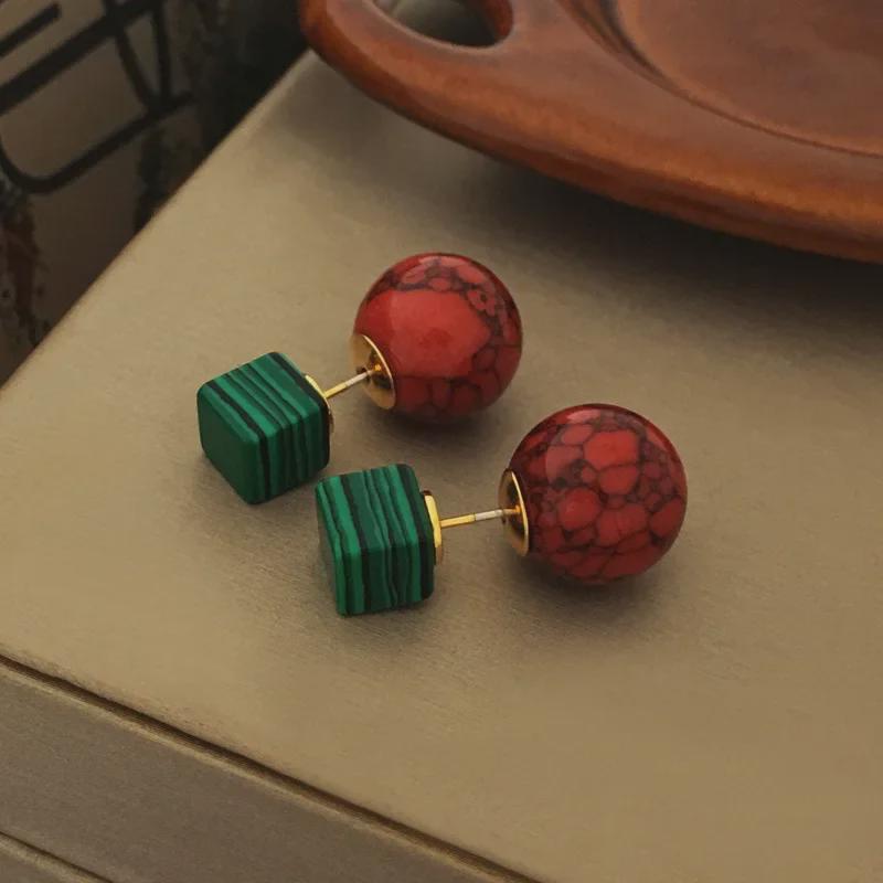 Элегантные контрастные серьги в стиле ретро с натуральным камнем — двусторонний стиль, легкая роскошь в европейском и американском стиле