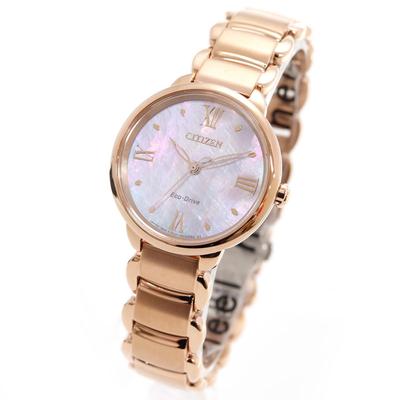 L Водонепроницаемые часы с секундомером, на солнечной батарее, розовые, с розовым перламутровым циферблатом, с питанием от солнца, золотистые, EM0928-84D, Женские,