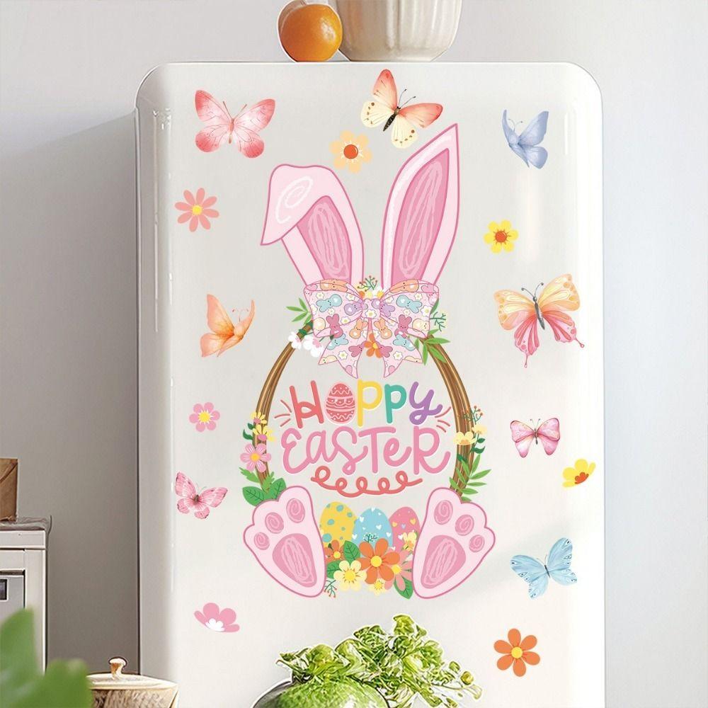 Pink Rabbit Basket Electrostatic Stickers Rabbit Bunny Wall Decal Happy Easter Party