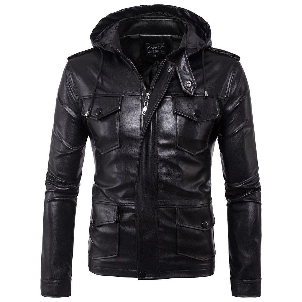 Autumn and Winter New Men's Hooded Leather Jacket Biker Jacket Men's PU Leather Workwear Jacket