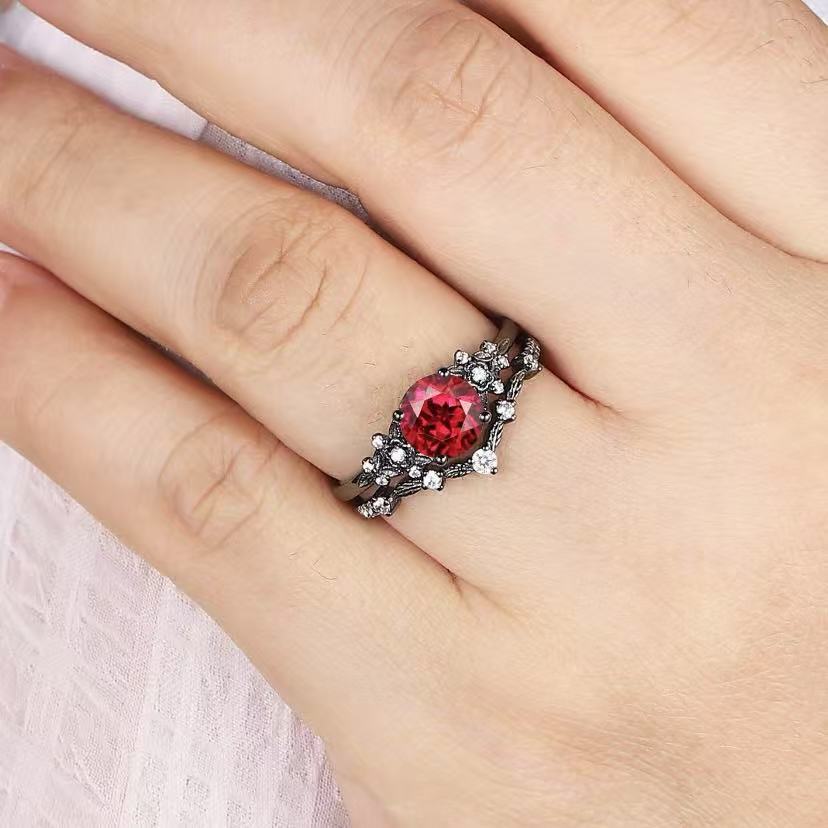 European and American fashion ruby rings Gunmetal ring with zirconia stones, featuring a branch and cross design, for women