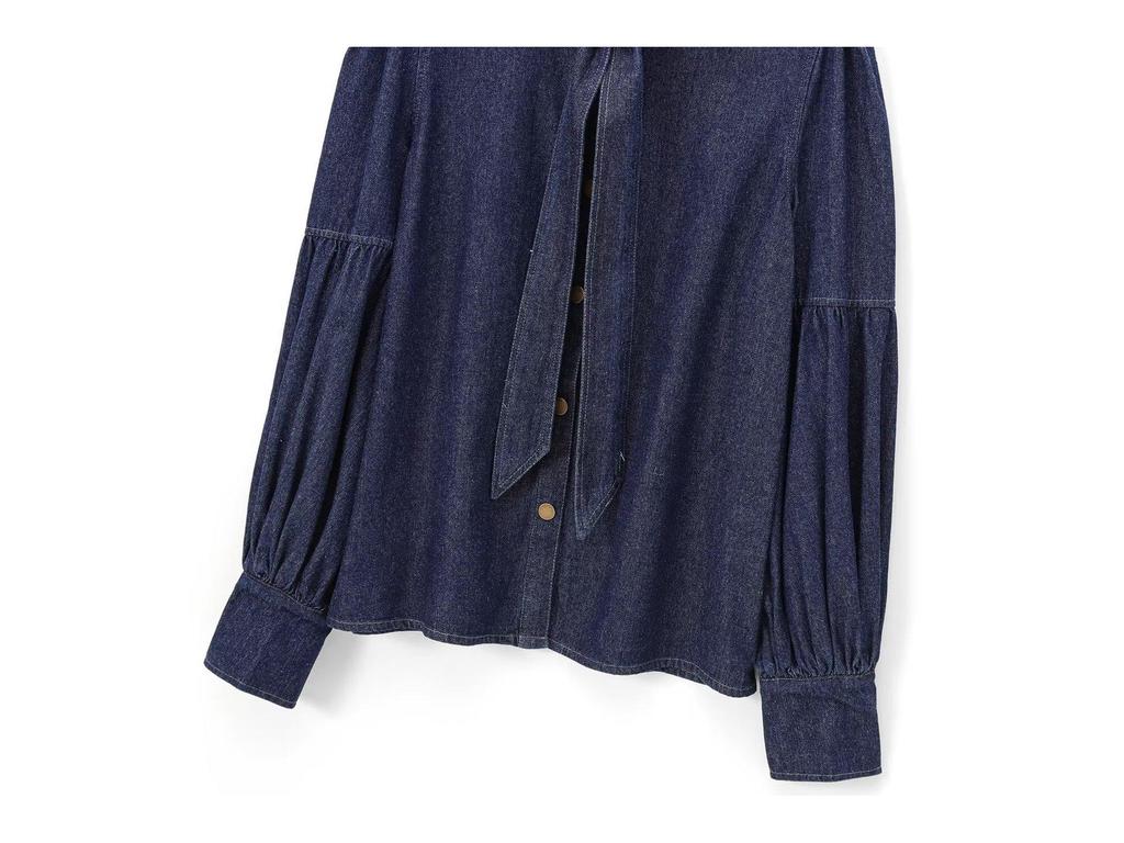 Модная женская джинсовая рубашка в европейском стиле 2025 года с завязкой-бабочкой