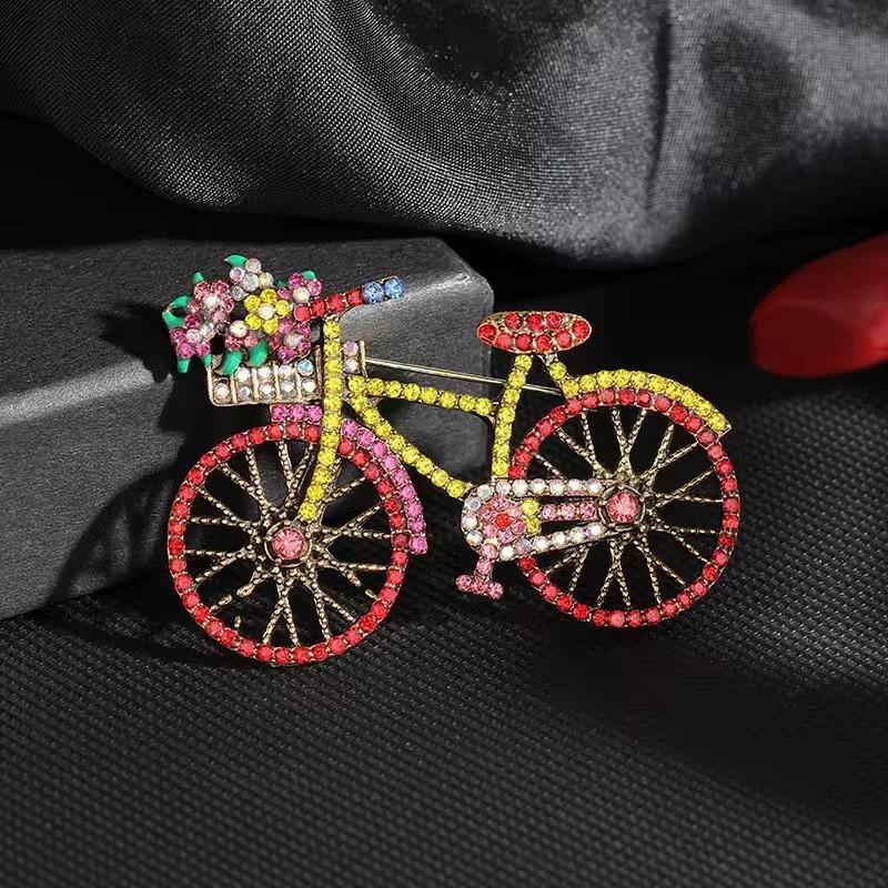 Creative Bicycle Brooch for Women Men Fashion Rhinestone Flower Basket Brooches Pins Jewelry Accessories Party Gifts 2025