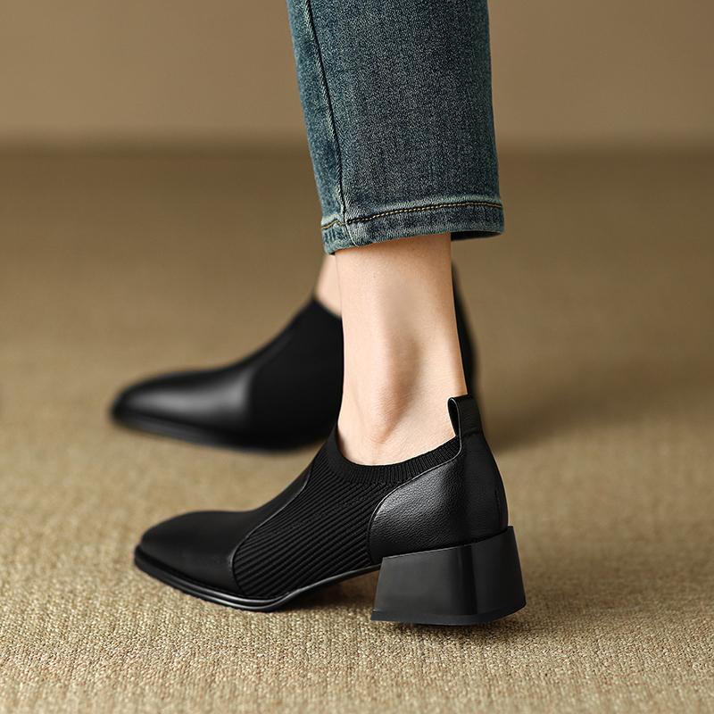 2024 New Genuine Leather Top Quality Sheepskin Shoes Woman Spring Slip On Dress Black Round Toe Ladies Loafers High Heel Shoes