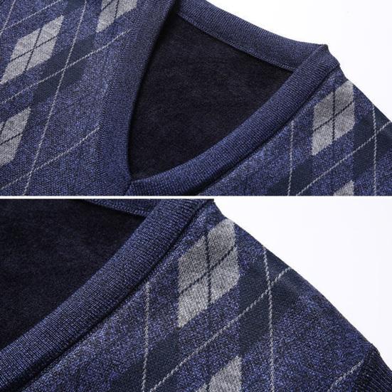 Мужской вязаный жилет с V-образным вырезом, без рукавов, утолщенная плюшевая подкладка, жилет с ромбическими узорами, зимний жилет, свитер