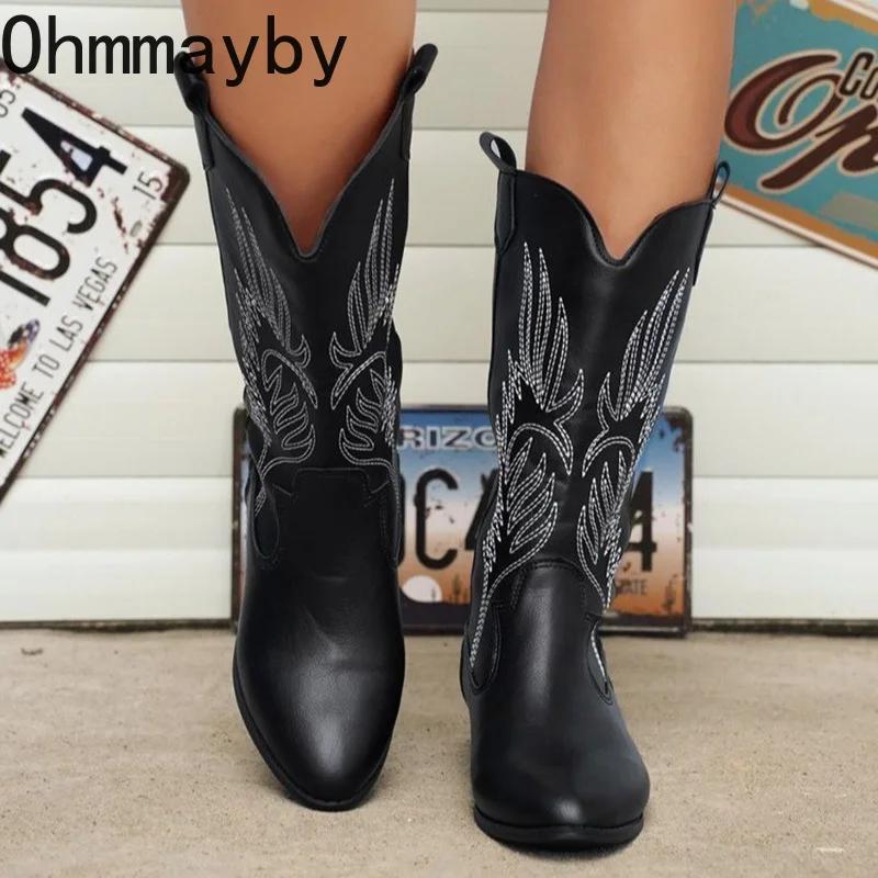 Мода Винтаж Толстый каблук Женские сапоги в стиле вестерн ковбойские модные туфли без застежек Осень Зима Вышивка Дамы Рыцарь сапоги