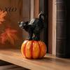 Halloween Black Cat Pumpkin Ornaments Ornament, Vintage Wood Carving Style Retro Decor Resin Figurine, Spooky Tabletop for Home Mantel Shelf