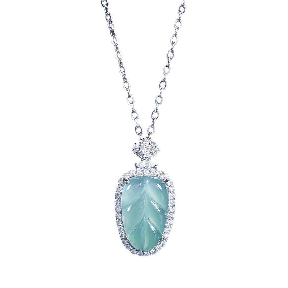 Women's Artistic Blue Jade Leaf Necklace with Gold Branch - New Chinese Style Luxury Design