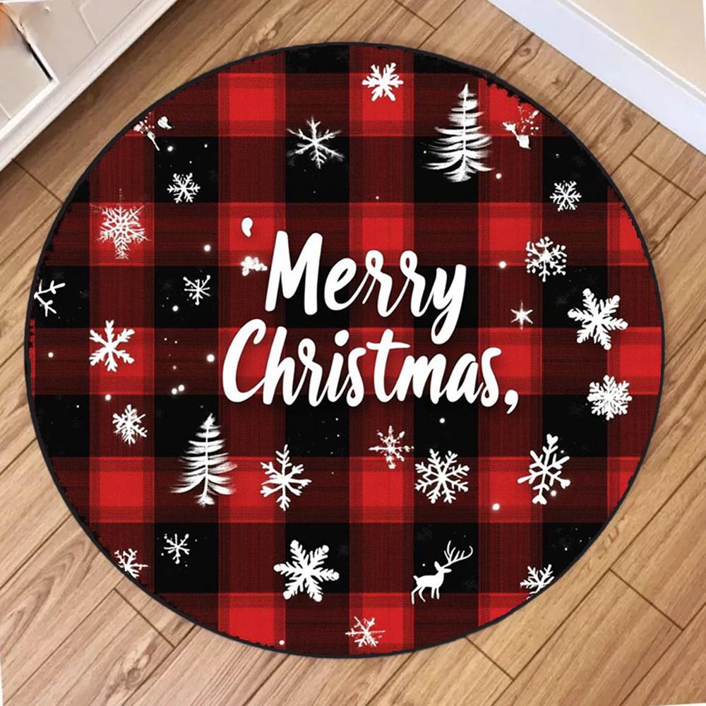 Christmas Red Checkered Round Carpet Living Room Mat Festive Red Festive Atmosphere Decorated Christmas Tree Home Rug Decoration