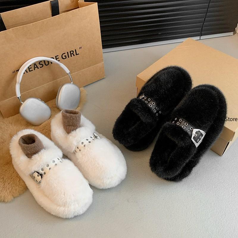 Fashion 2024 Women Flats Slip-on Winter Warm Loafers Real Mink Fur Plush Lady Driving Shoes Platform Moccasins Crystal Mary Jane Shoes