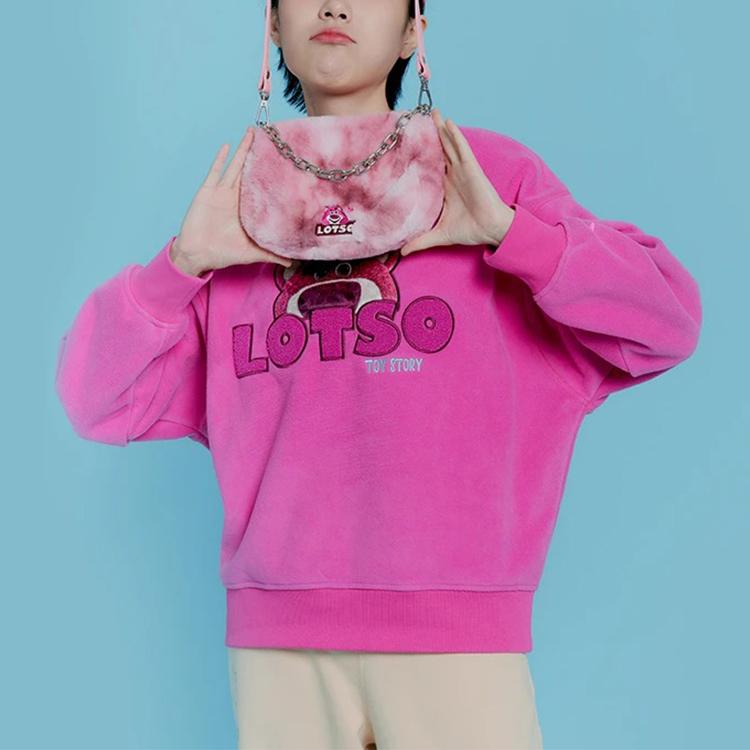 Li-Ning X Disney Toy Story Strawberry Bear Cartoon Print Plush Loose Pullover Sweatshirt Women Tops Dragon-Fruit AWDR758-1