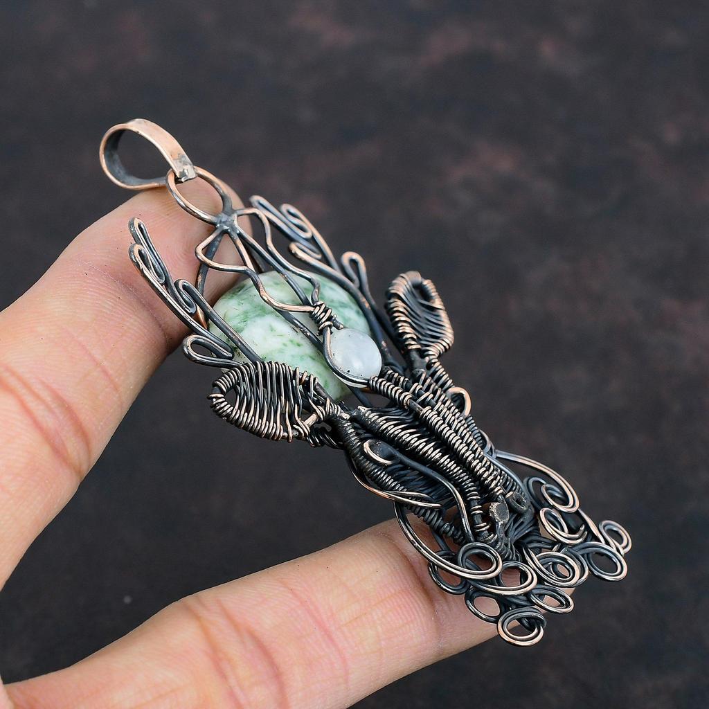 Подвеска из древесного агата, подвеска из радужного лунного камня, подвеска из медной проволоки, ювелирные изделия из драгоценных камней, подвеска в виде оленьей морды, подвеска ручной работы, подарки для жены