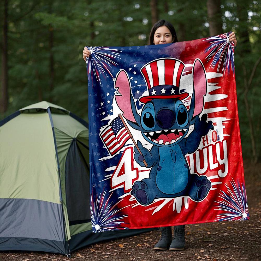 1pc Stitch Celebrates Independence Day Outdoor Blanket, Soft And Comfortable Blanket, Casual Warm, Camping Travel Blanket, Birthday Gift. M714049