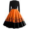 Women's Vintage Classic Dress Neck Waist Bow Tie Long Sleeves Halloween Print V Neck Swing Dress