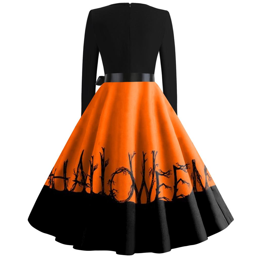 Women's Vintage Classic Dress Neck Waist Bow Tie Long Sleeves Halloween Print V Neck Swing Dress
