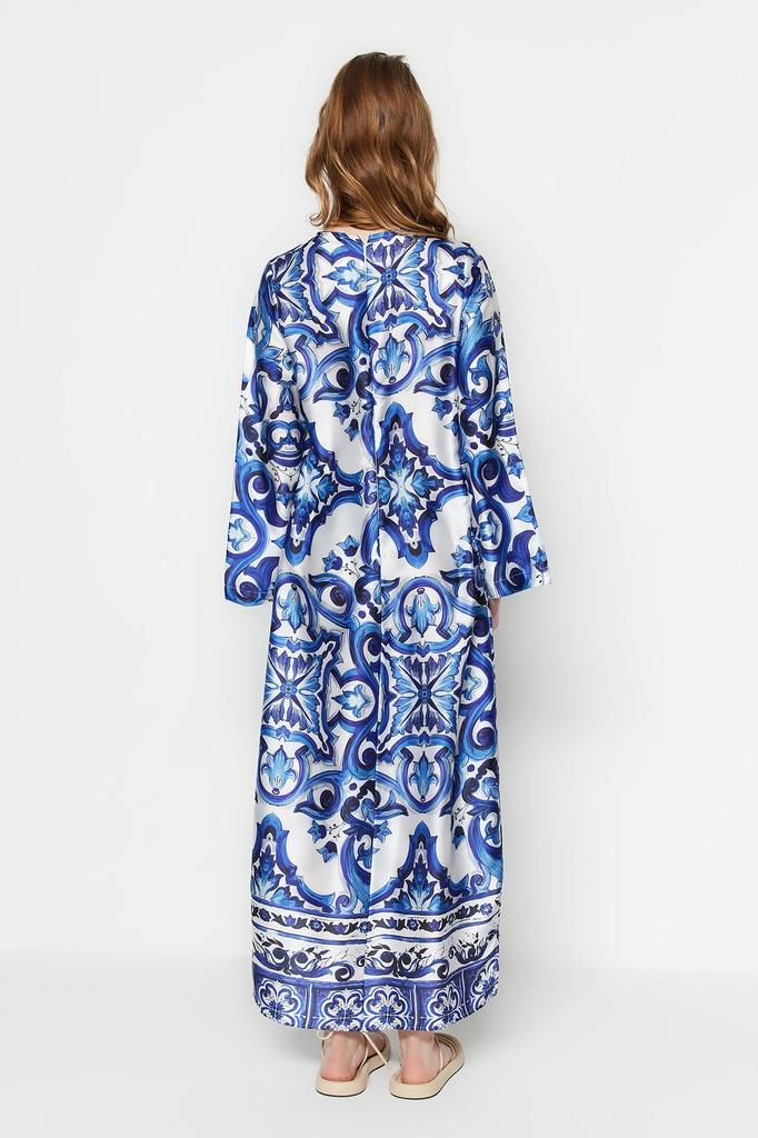 Женская мода новое вечернее платье в хиджабе синее атласное вечернее платье с этническим рисунком