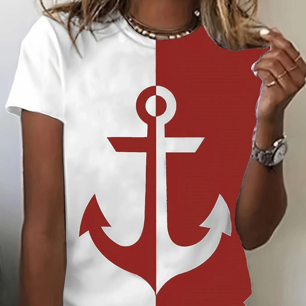 2024 новая стильная футболка для женщин, топ с принтом якоря, летние футболки большого размера для женской одежды, женская мода с круглым вырезом, большие размеры