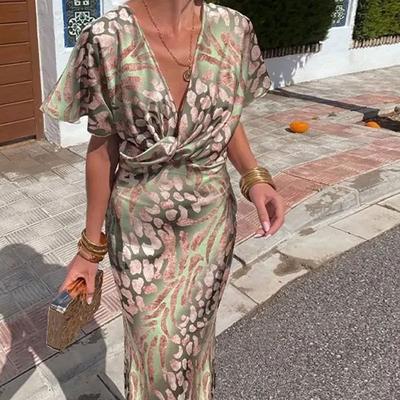 Европейское и американское женское приталенное платье с принтом, узлом, средней талией, сексуальным V-образным вырезом, летнее