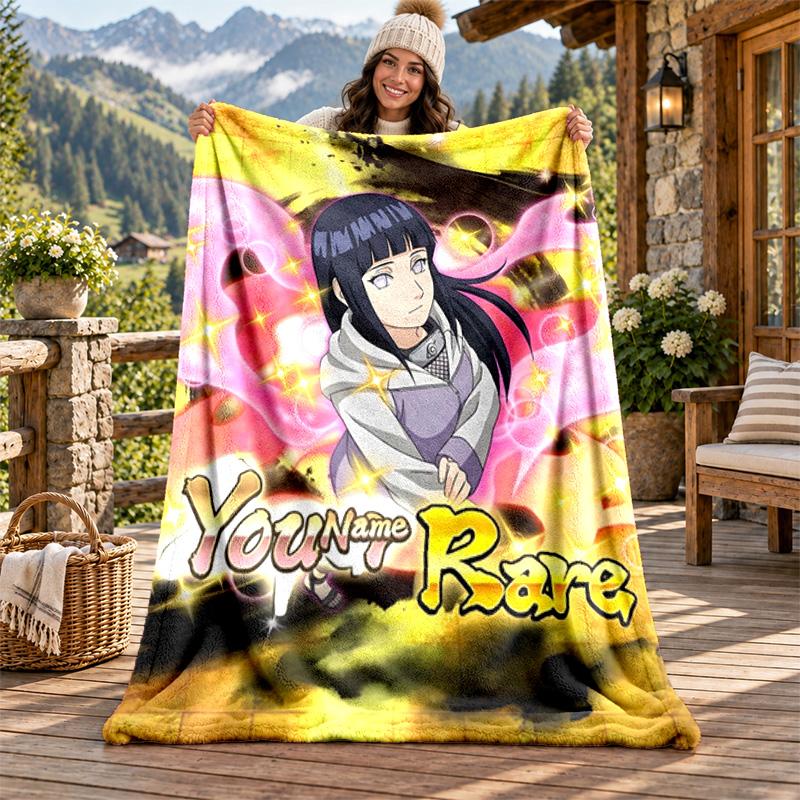 Hyuga Hinata Custom Name Flannel Blanket Personalized Soft Warm Plush Throw Blanket Customized Gift for Family Friends