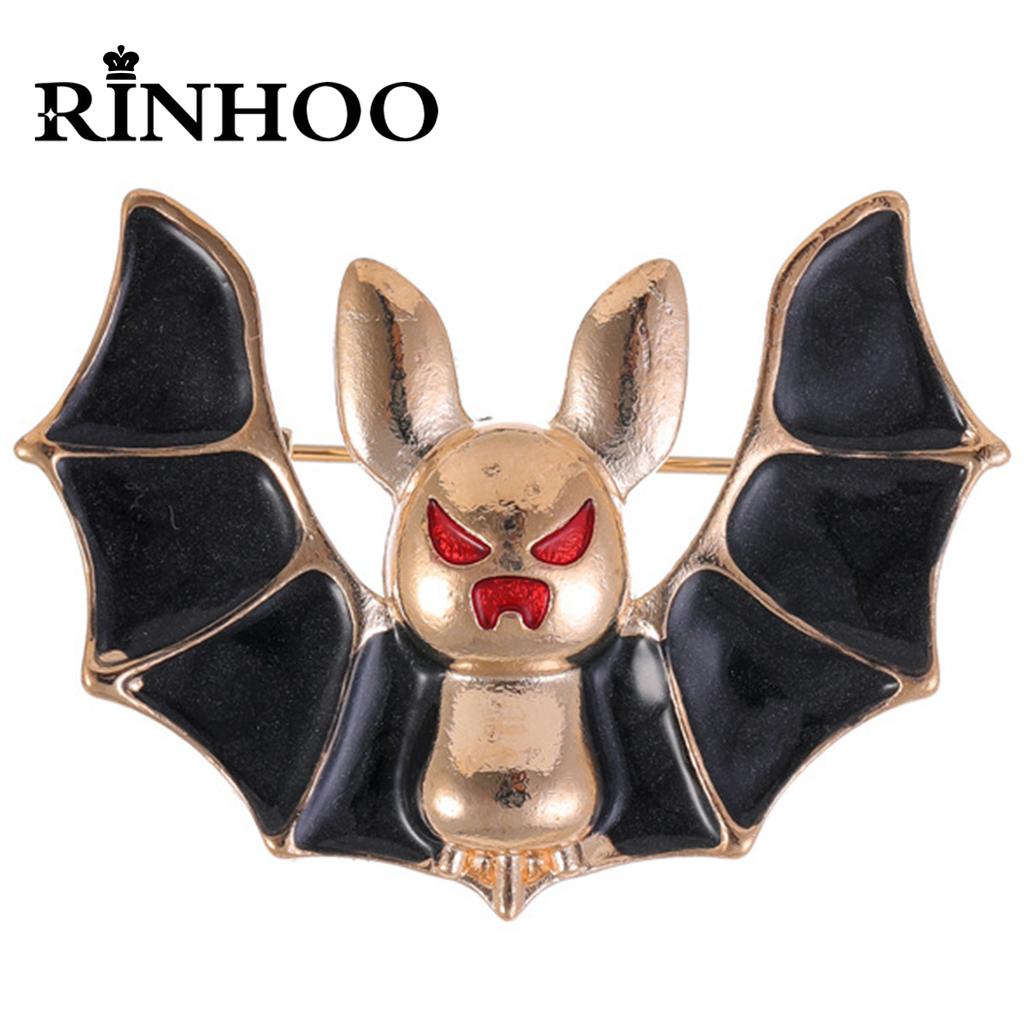 Rinhoo Gothic Black Enamel Bat Brooches For Women Men Vintage Red Eyes Rhinestone Bat Lapel Pins Animal Badge Halloween Jewelry