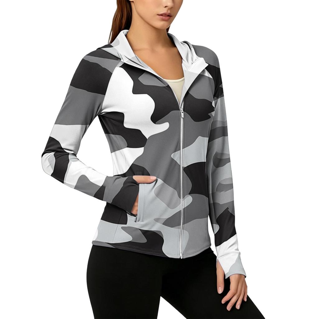 Women's Lightweight Zip Up Hoodie with Hood and Pockets Long Sleeve Camouflage Sun Protection Jacket for Outdoor Activities