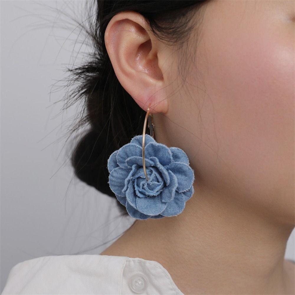 Denims Blue Rose Earrings Handmade Flower Earrings Fashion Denim Floral Earrings