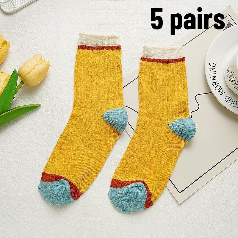 5 Pairs Women Candy Color Splicing Design Socks, Mid-tube Ribbed, Breathable, Sweat-absorbent, High Elastic