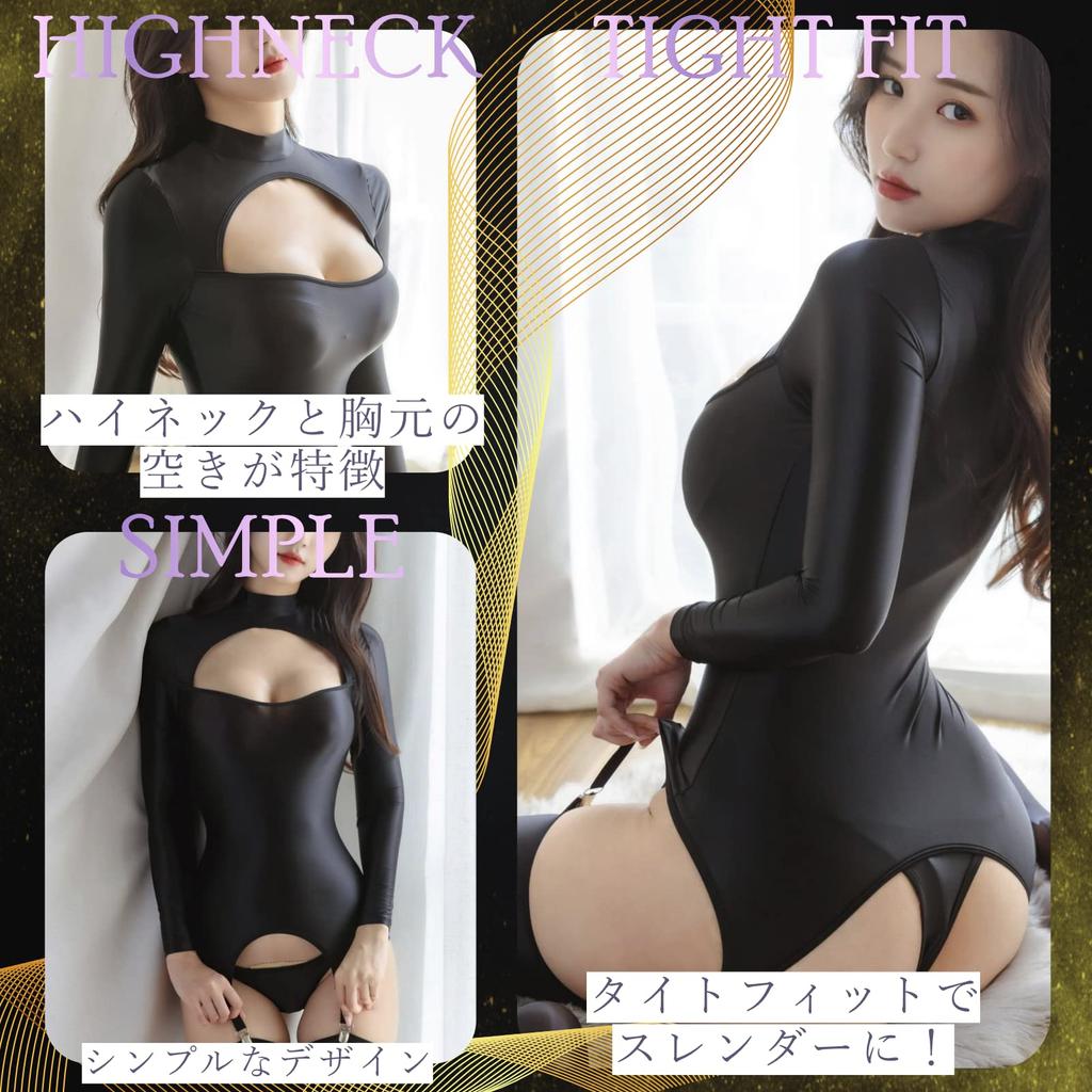 Купальник для косплея для взрослых, с высоким воротом, длинным рукавом, блестящий, сексуальный, облегающий, шорты, гольфы, комплект из 3 предметов, один размер, подходит всем, черный [Shandini]