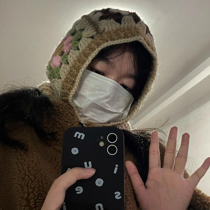 Вязаная балаклава с цветочным узором для студентов, взрослых, ветрозащитная зимняя шапка, шапка для защиты шеи, подростковая шапка для тепла, шапка для велоспорта